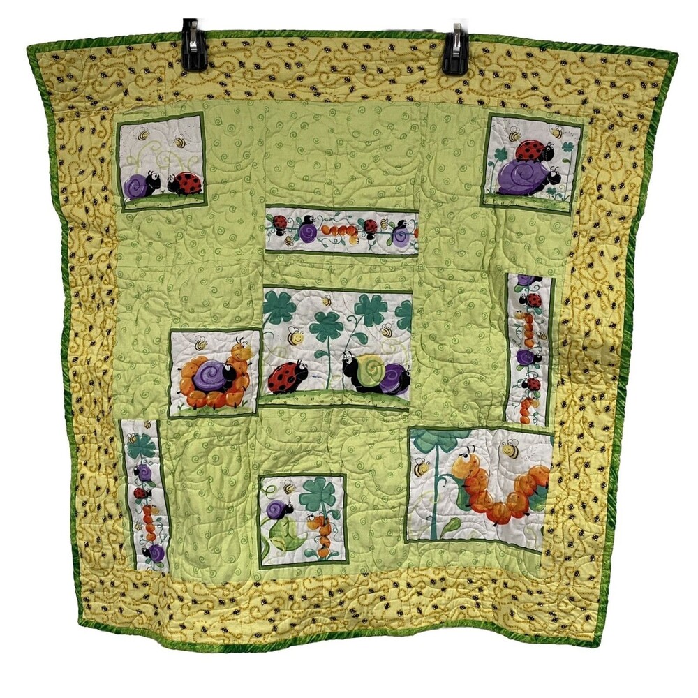 Vintage Handmade Baby Blanket Quilt Ladybugs Bees Caterpillars Snails Theme